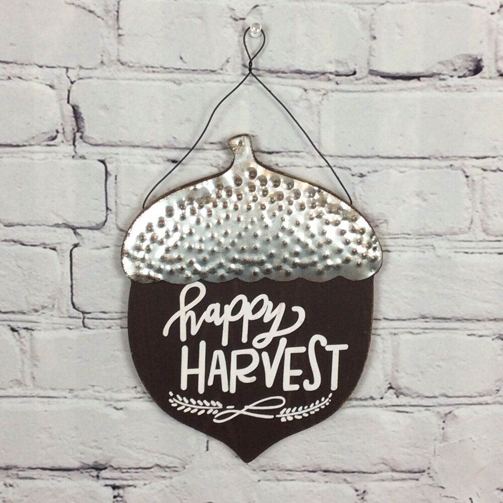 Wood & Metal Acorn Happy Harvest Fall Sign Door Wreath Decor 9" X 7" New